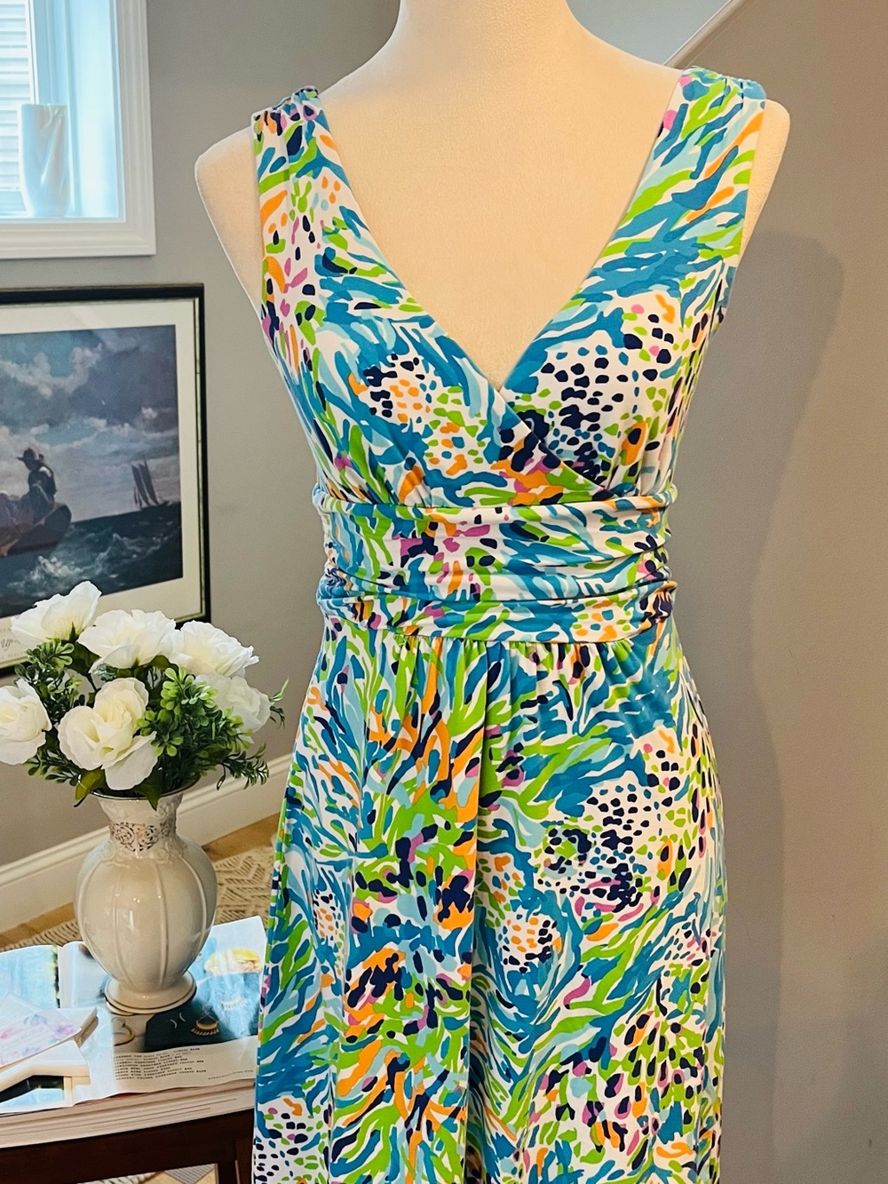LILLY PULITZER Dress “Shianne” Summer Sea Soiree V-Neck Blue/White SMALL